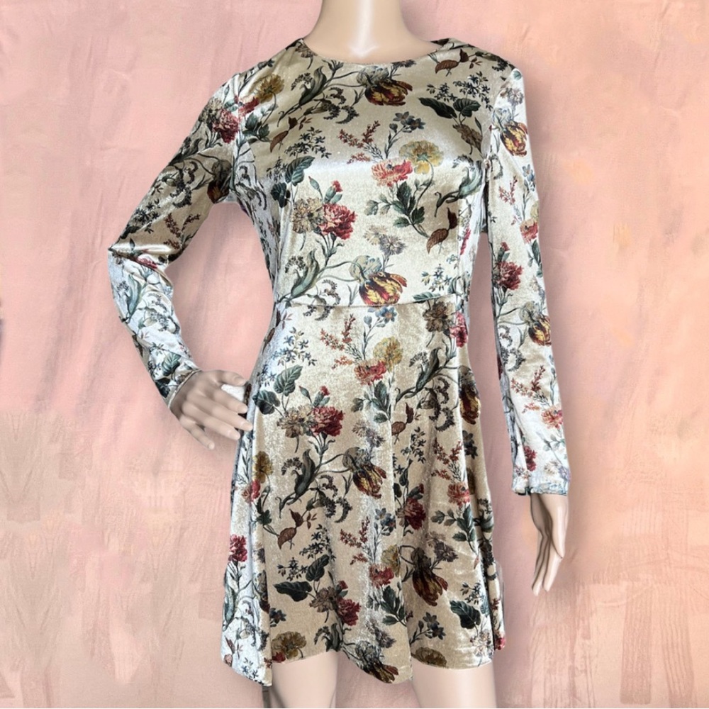 Zara Basic Collection Gold Floral Velvet Long Sleeve Dress